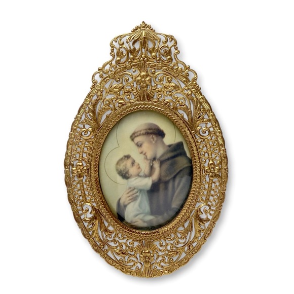 VTG Saint Anthony Christ Child Gold Filigree Metal Frame Convex Glass Wall Art